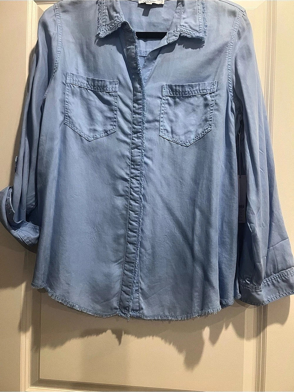 Chico's Denim Lyocel Button Down Shirt with Frayed Edges in Wisteria